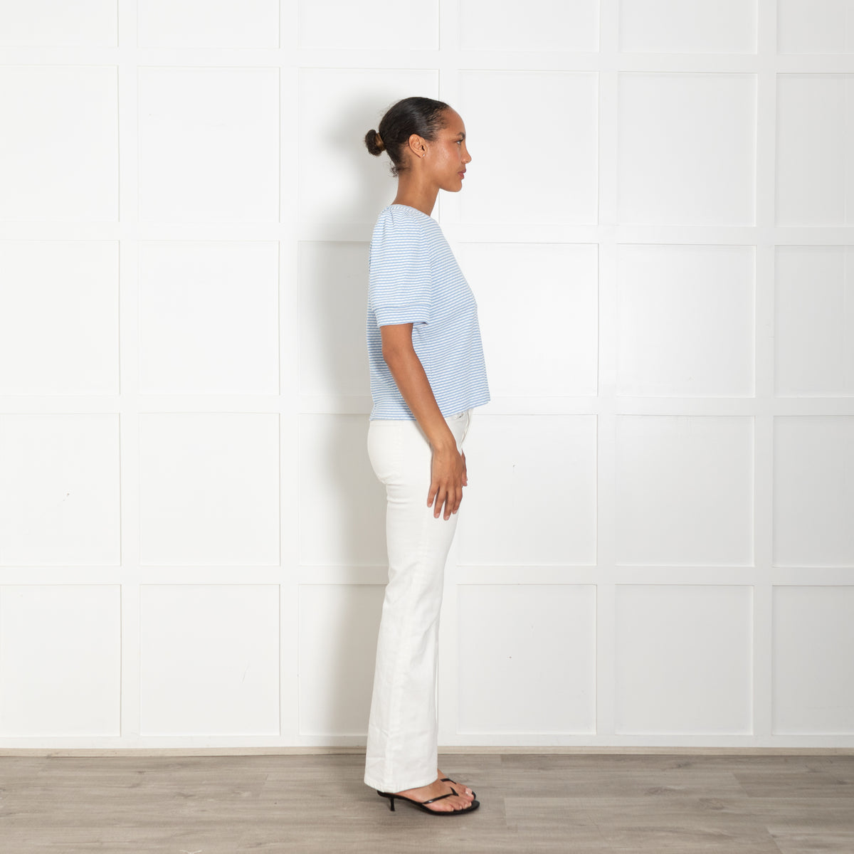 Me + Em Blue White Striped Pouf Sleeve Cotton Jersey Top