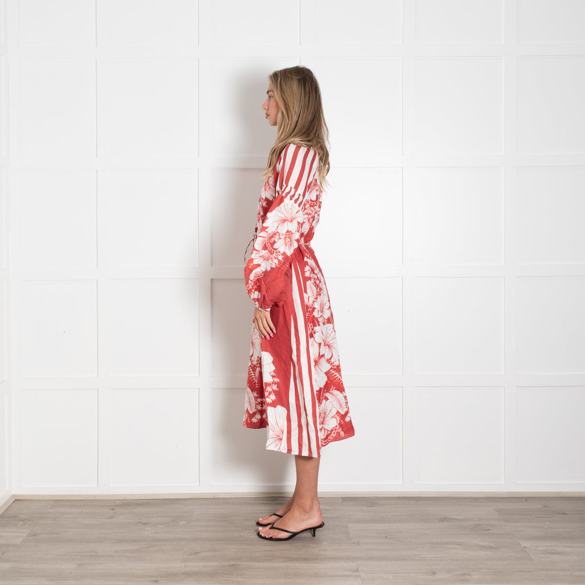 Farm Rio Red White Floral Linen Belted Midi Dress