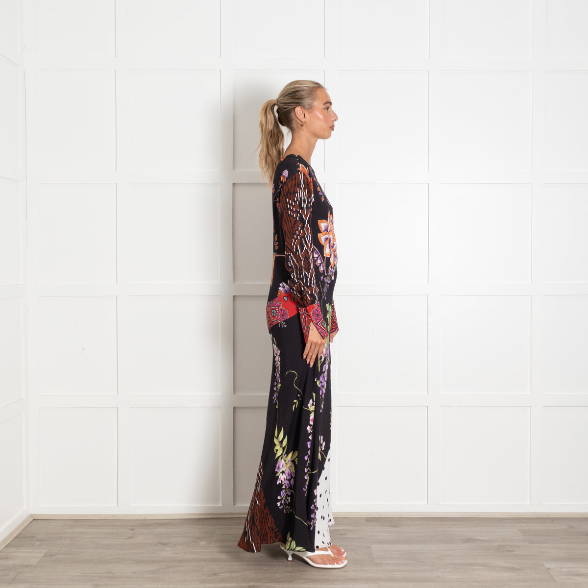 Hayley Menzies Black With Orange Floral Motif Mixed Pattern Longsleeve Maxi Dress