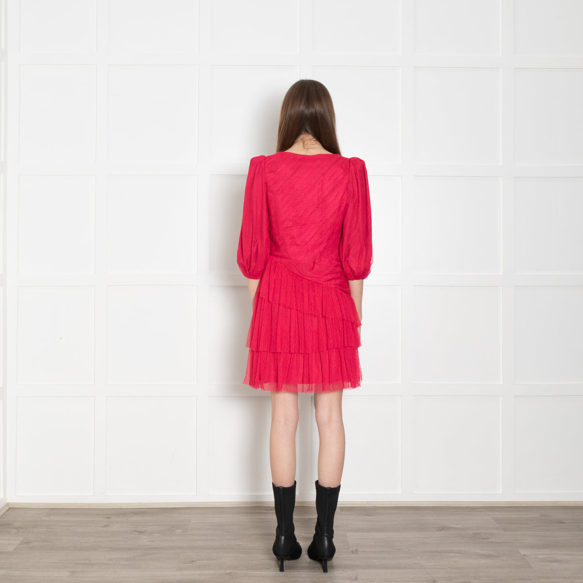 ML Monique Lhuillier Pink Net Ruffled Puff Sleeve Mini Dress