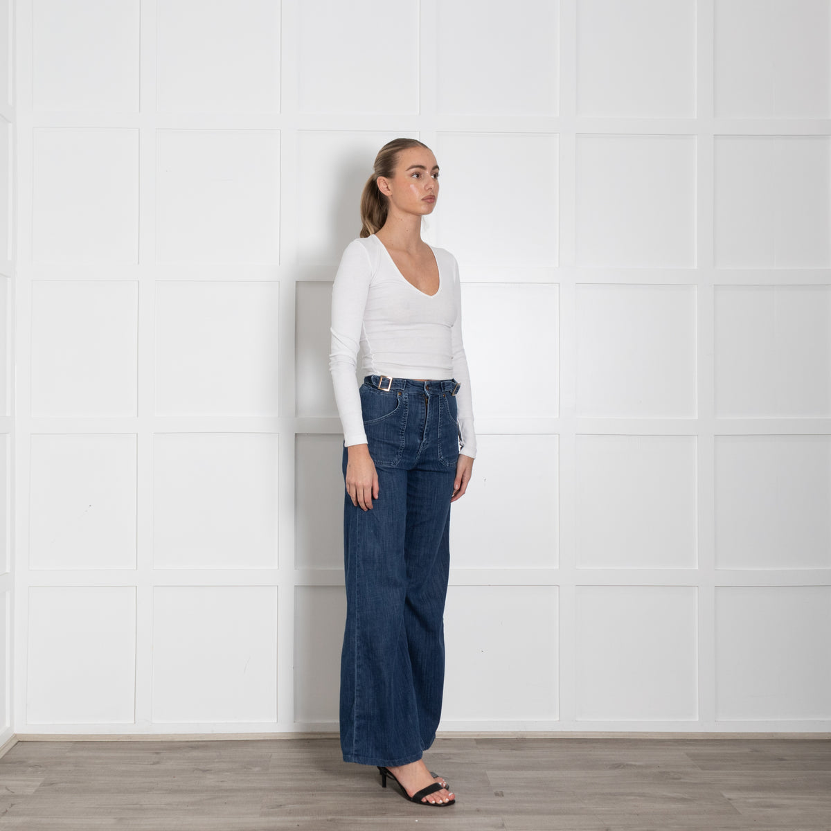 IDA Blue Wide Leg Front Pocket Buckle Jeans