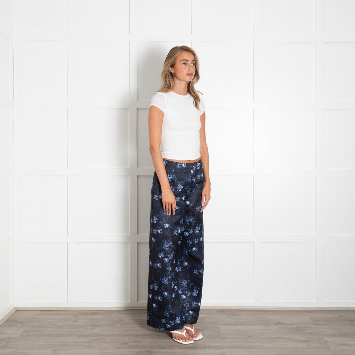 Emilia Wickstead Navy Taffeta Daffy Trousers Ditsy Rose Floral Print