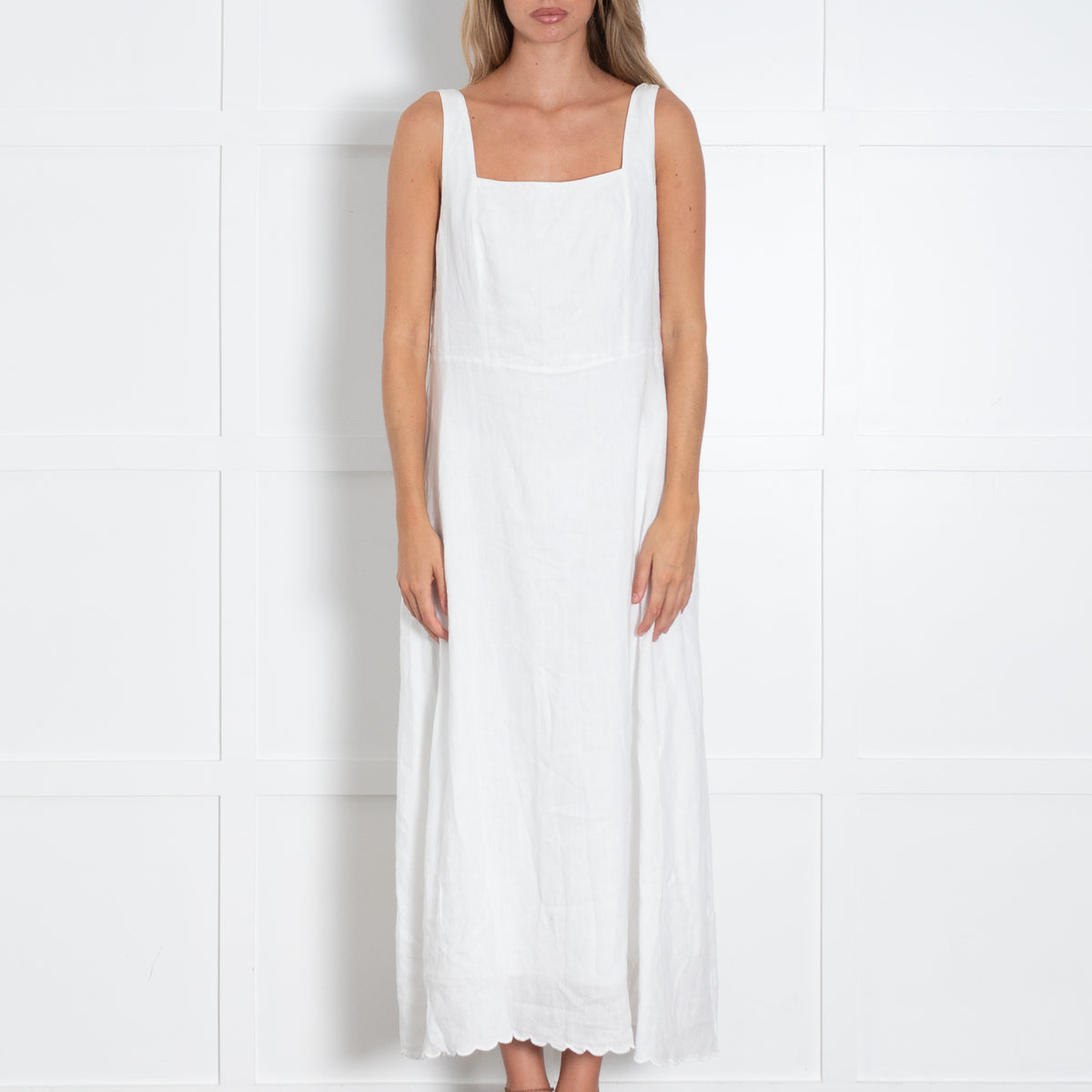 Riani White Linen Square Neck Maxi Dress With Scalloped Hem