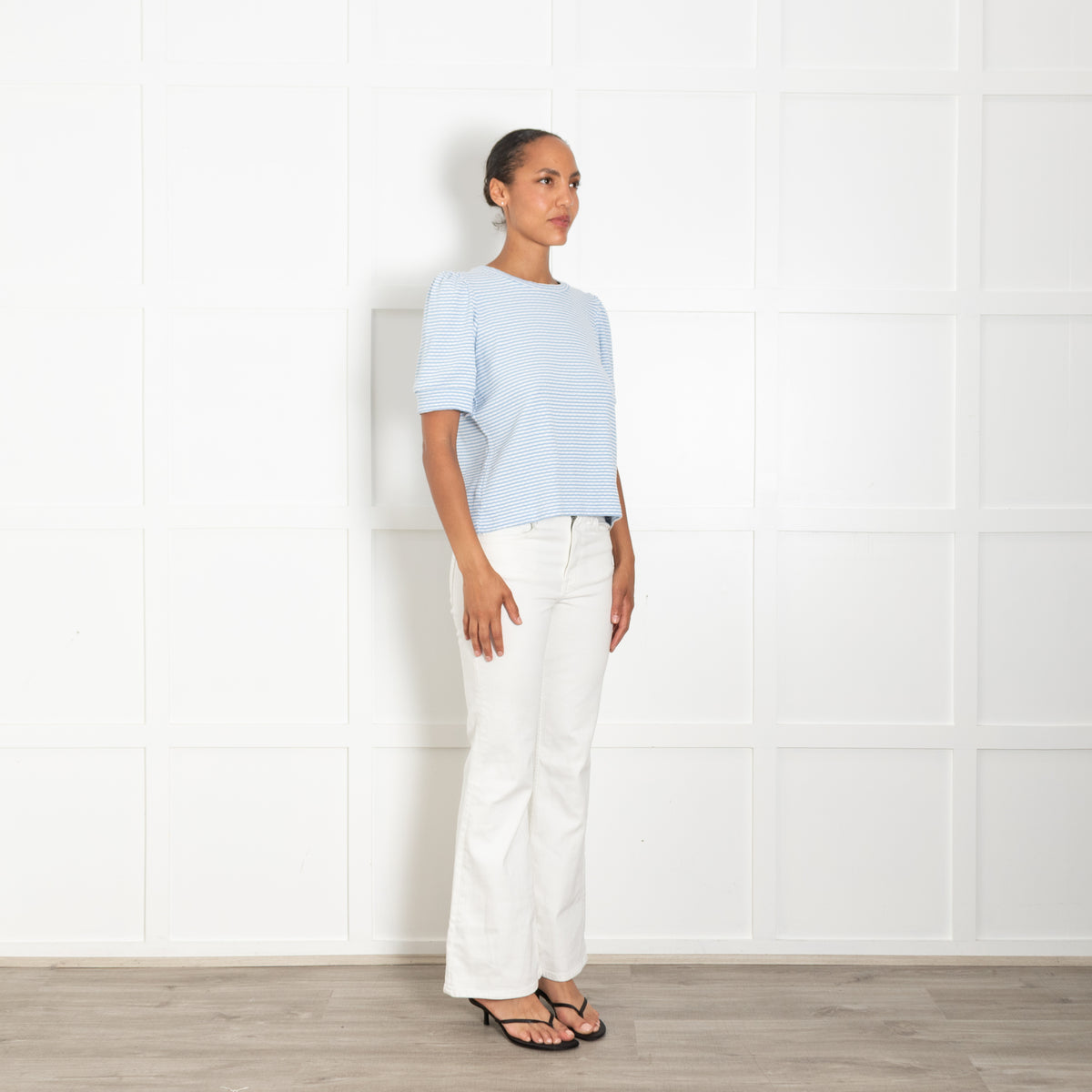 Me + Em Blue White Striped Pouf Sleeve Cotton Jersey Top
