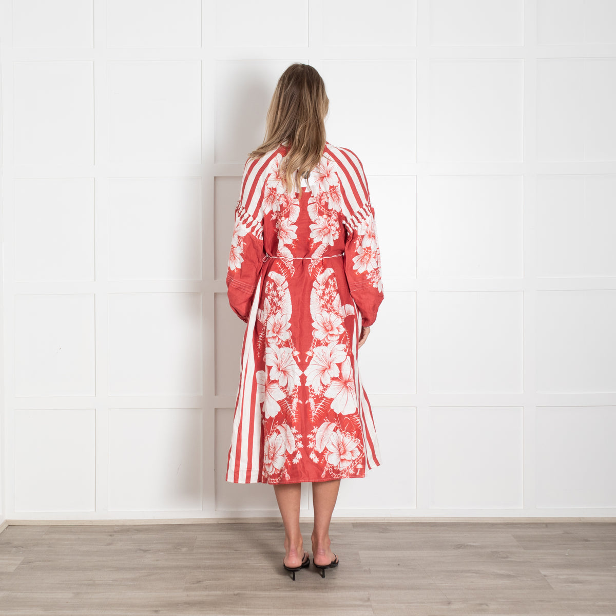 Farm Rio Red White Floral Linen Belted Midi Dress