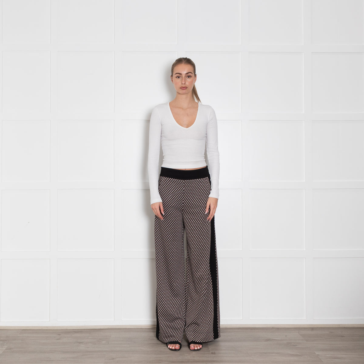 Me + Em Black Brown Geometric Print Wide Leg Trousers