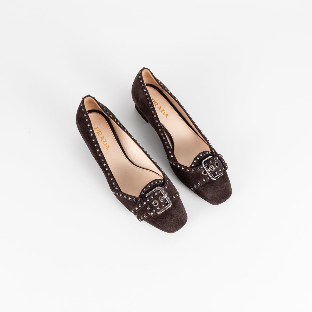 Prada Brown Suede Low Heel Pump With Silver Studs