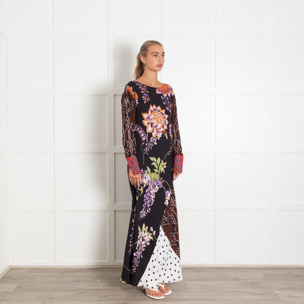 Hayley Menzies Black With Orange Floral Motif Mixed Pattern Longsleeve Maxi Dress