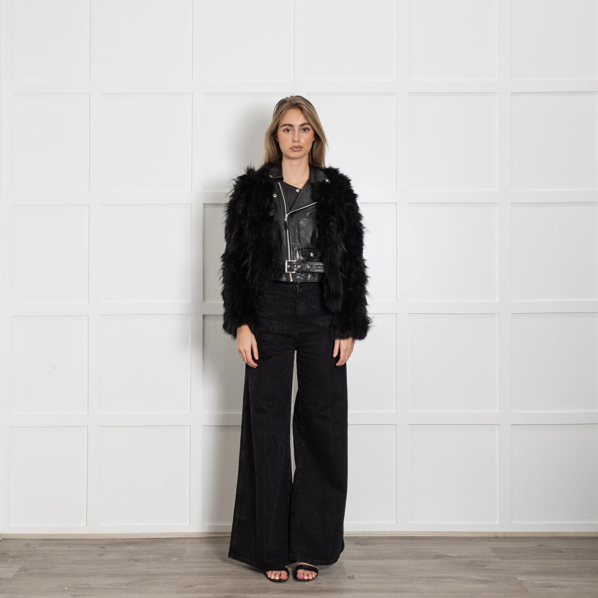 Toga Pulla Black Leather and Fur Biker Jacket