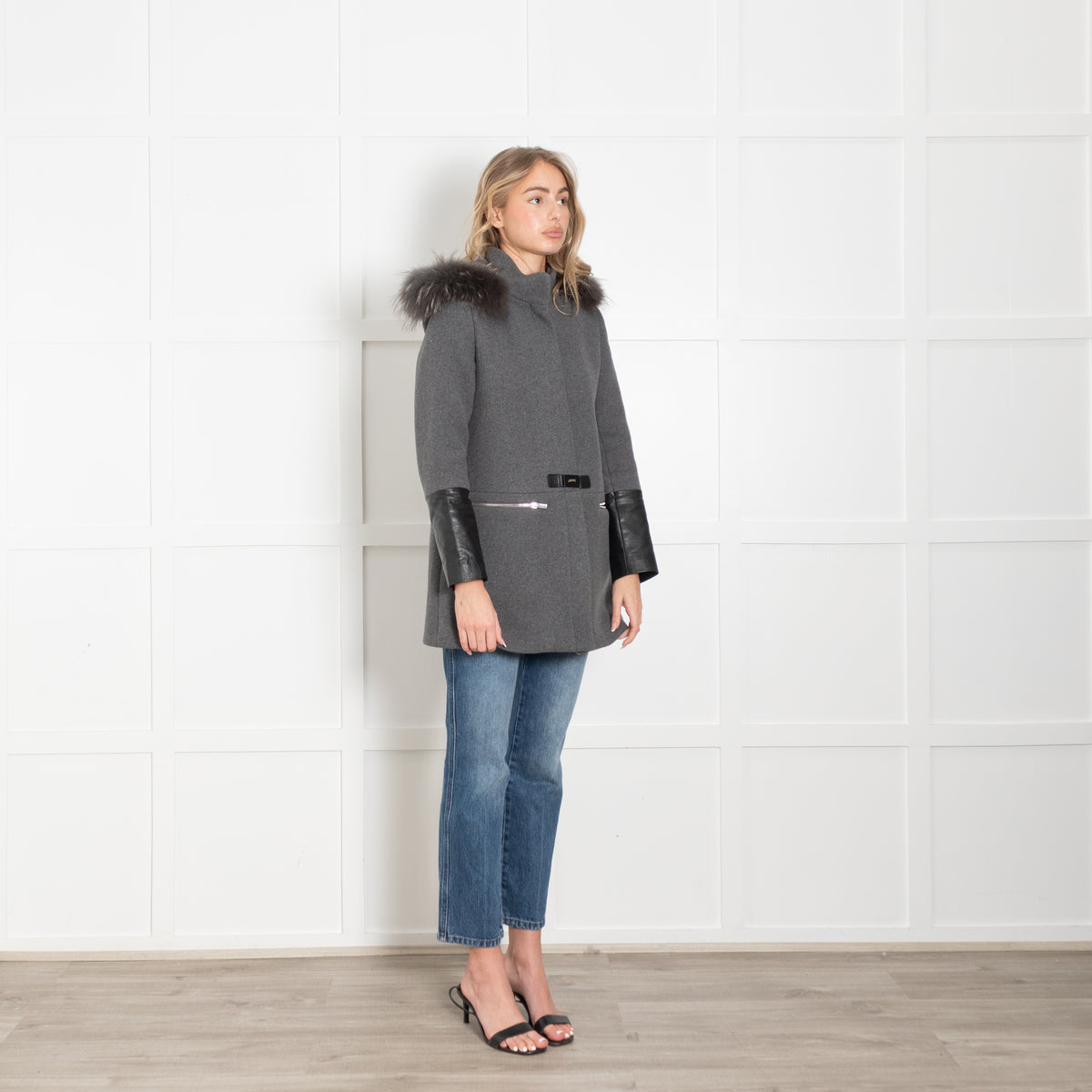 Claudie Pierlot Grey Coat with Leather Cuffs and Detachable Fur Hood