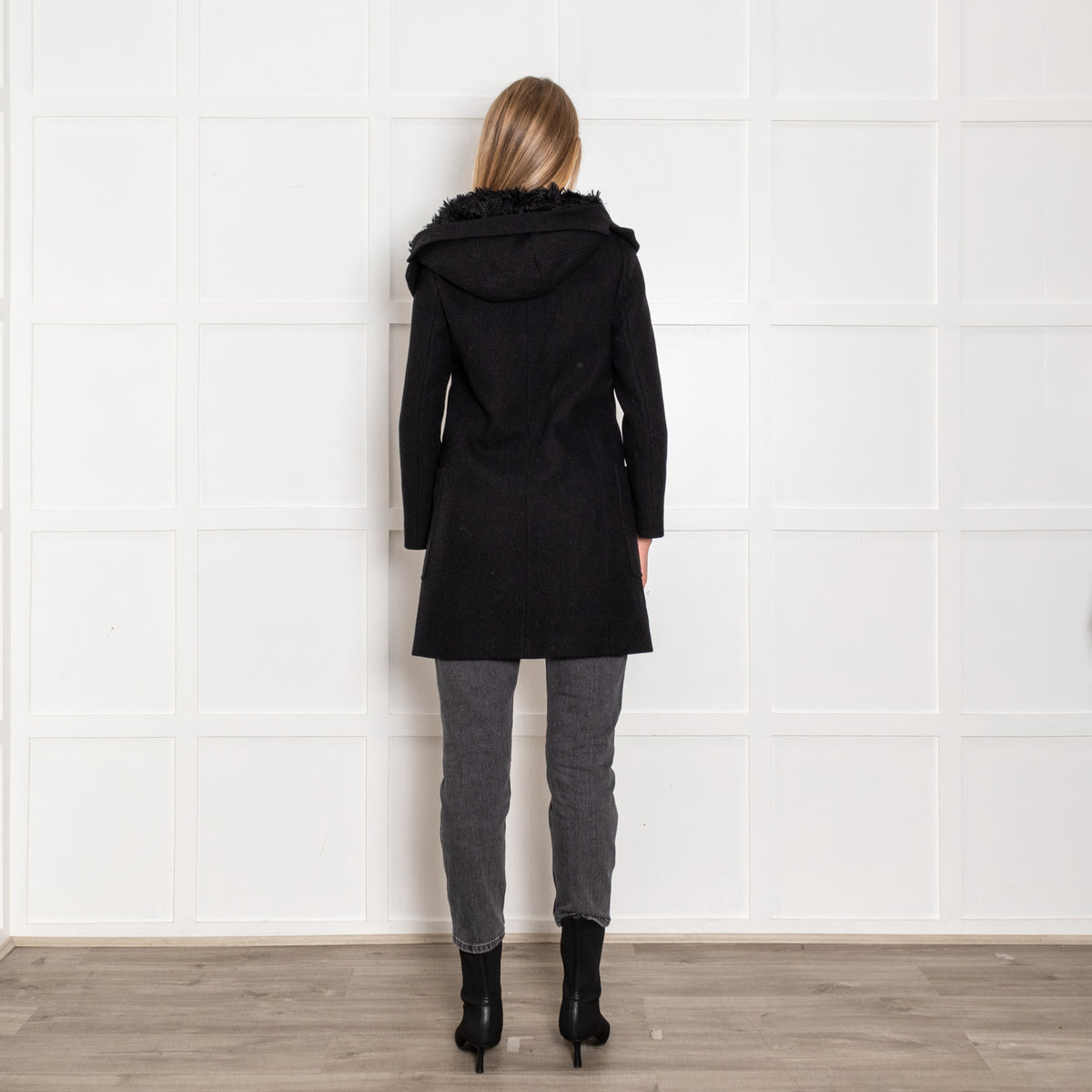 Prada Dark Grey Wool Faux Fur Trim Hooded Coat