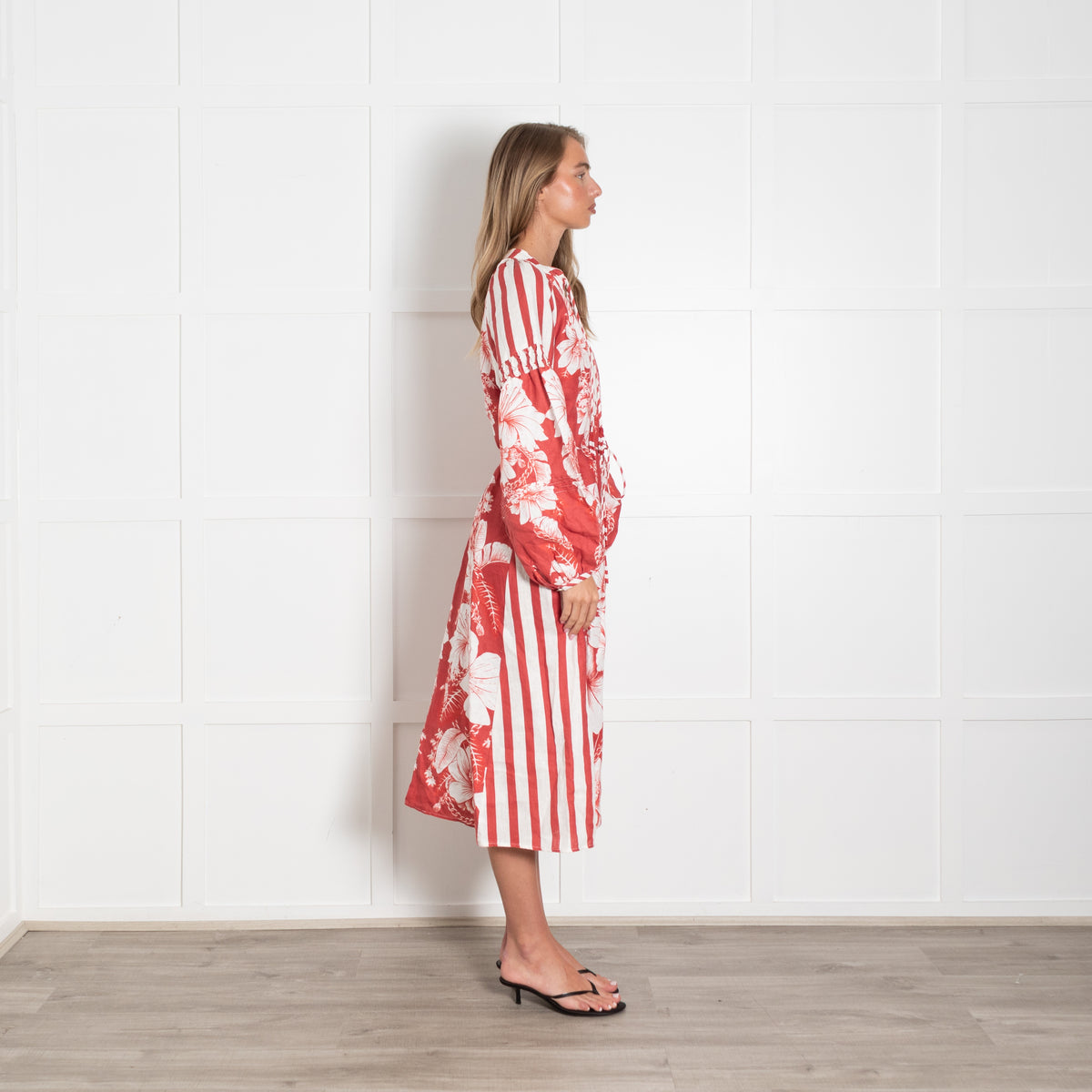 Farm Rio Red White Floral Linen Belted Midi Dress