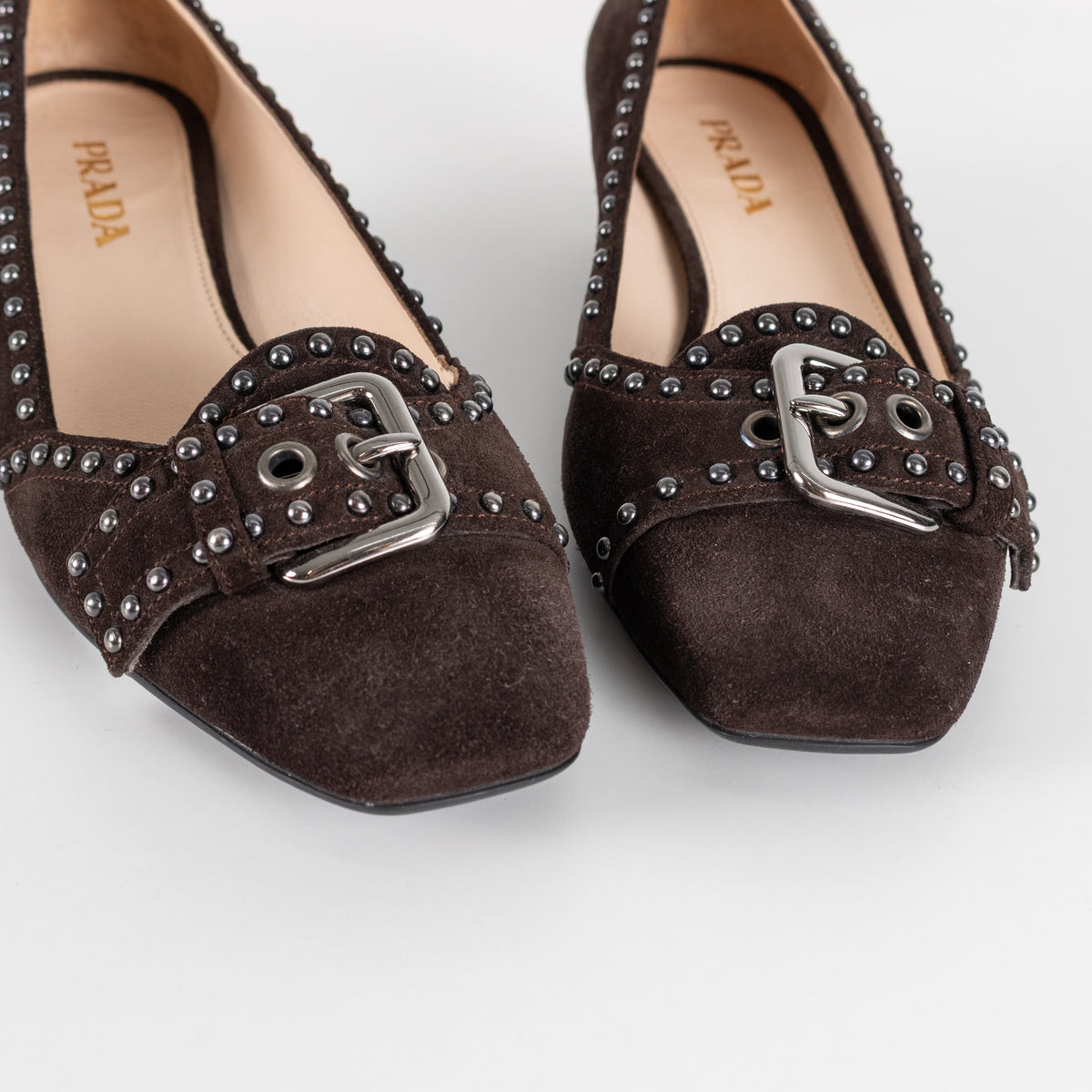 Prada Brown Suede Low Heel Pump With Silver Studs