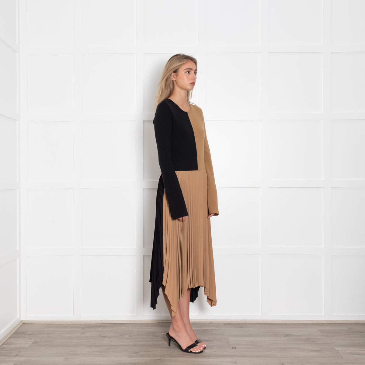 Joseph Black and Tan Knit Dress with Pleated Skirt