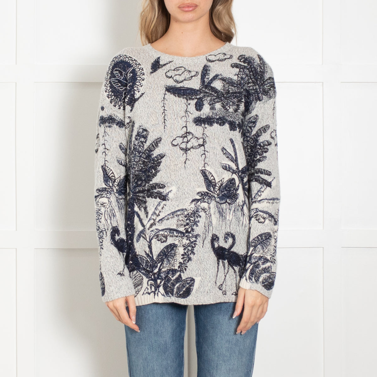 Christian Dior Grey & Blue Cashmere Mix 'Flora & Fauna' Embroidered Jumper