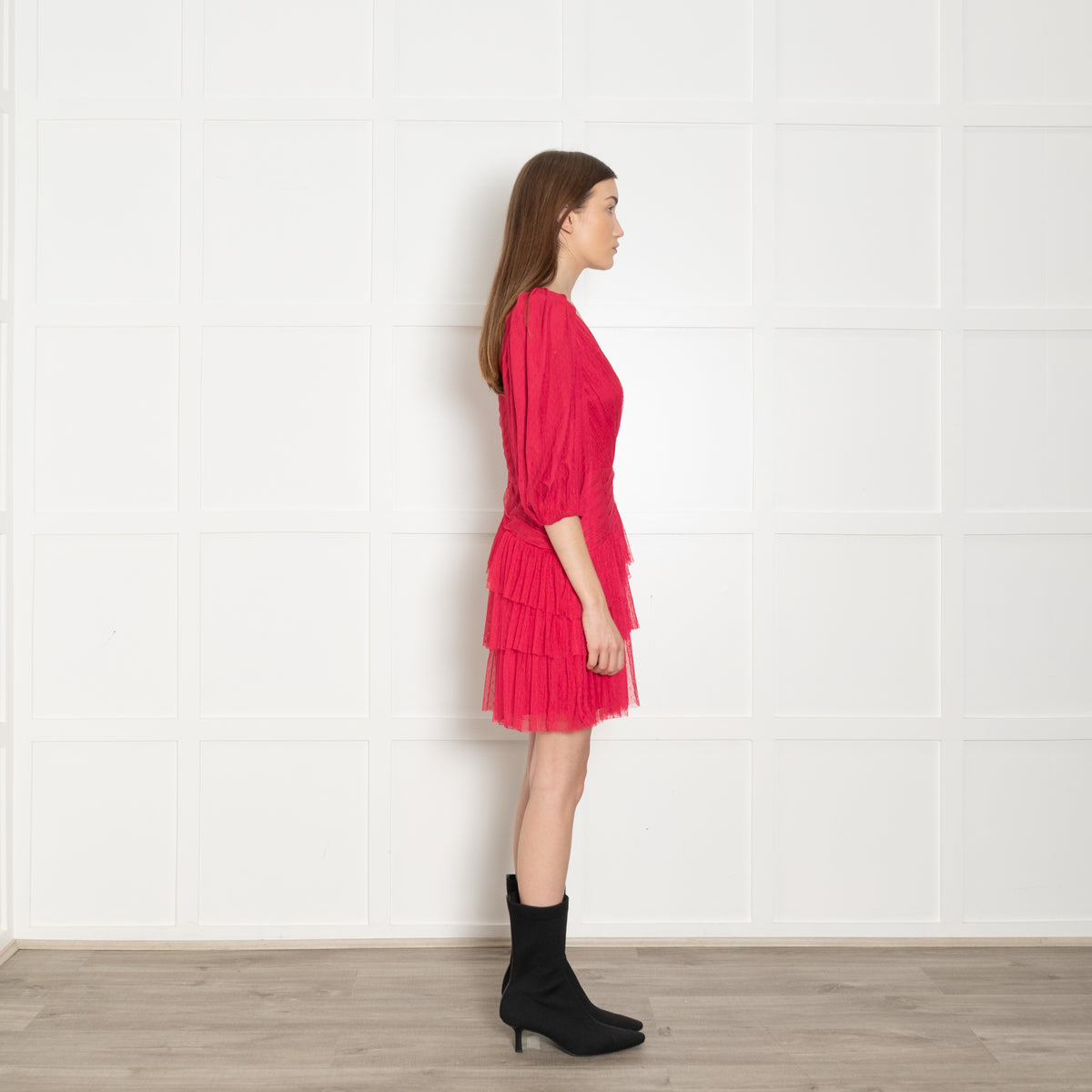 ML Monique Lhuillier Pink Net Ruffled Puff Sleeve Mini Dress