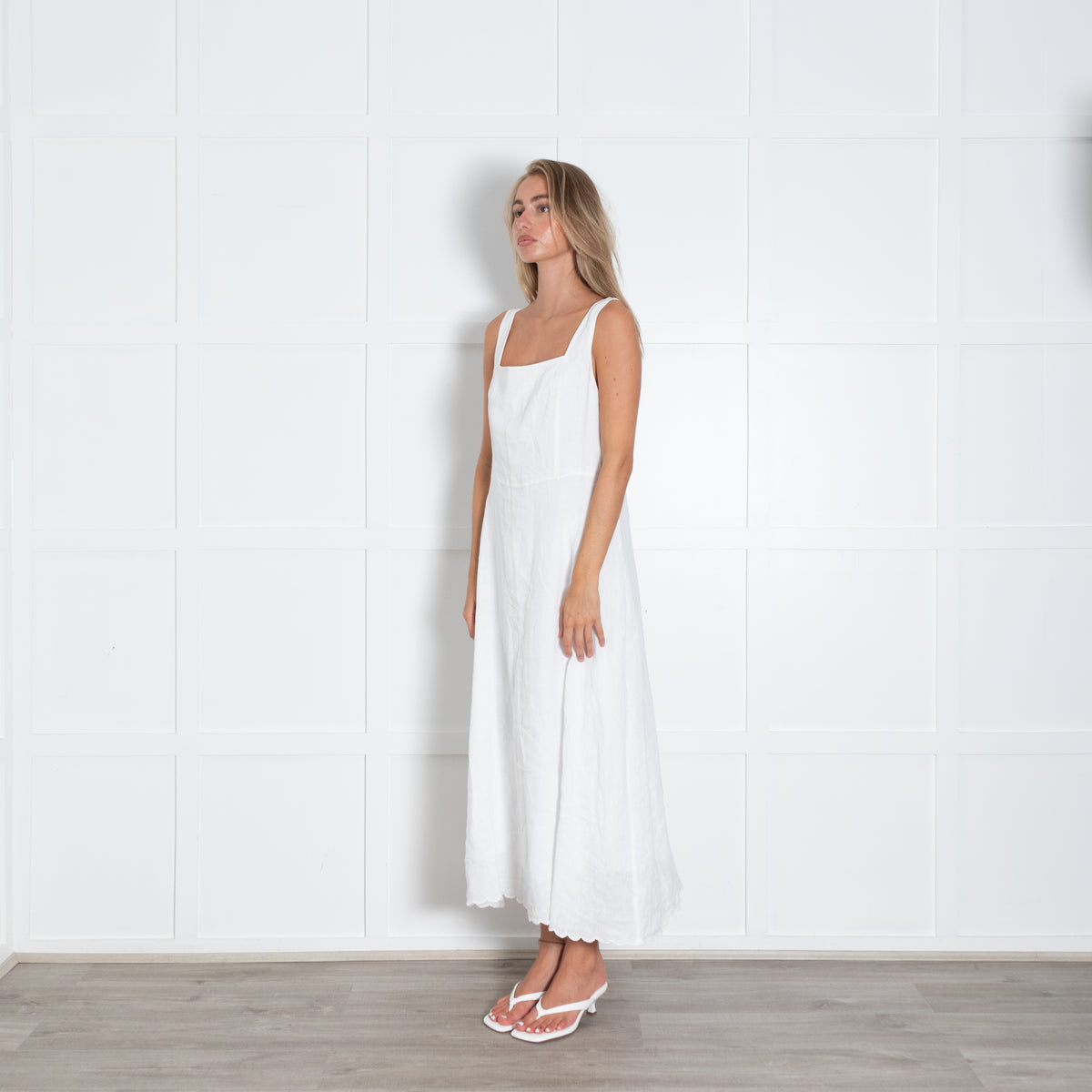 Riani White Linen Square Neck Maxi Dress With Scalloped Hem
