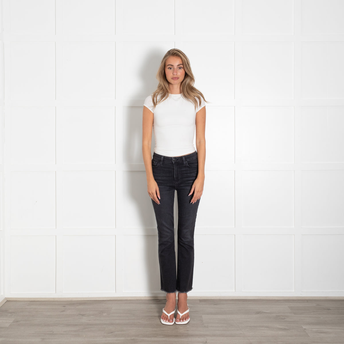Paige Black Faded Fray Hem Boot Cut Jeans