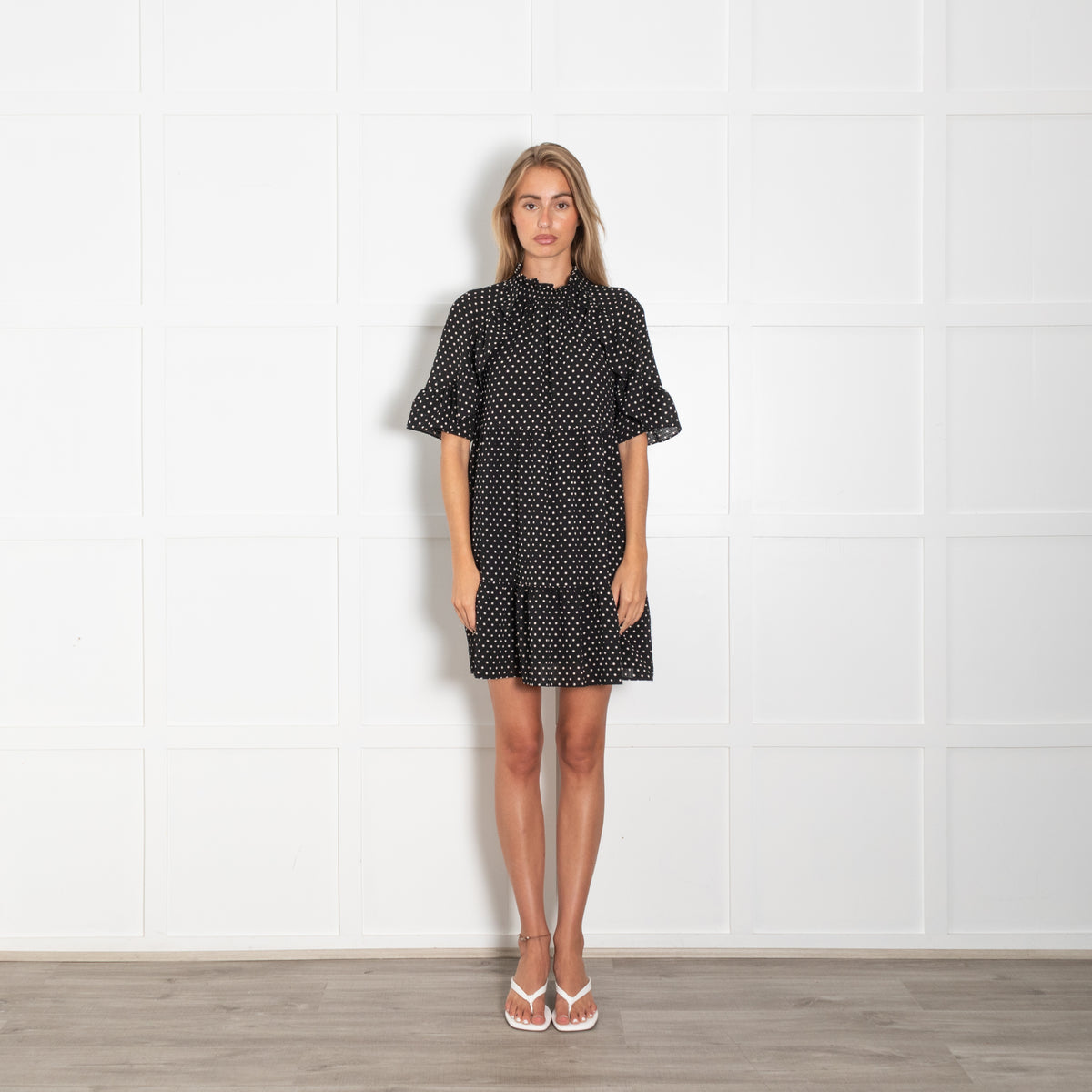 Sezane Black White Polka Dot Textured Fabric Mini Dress