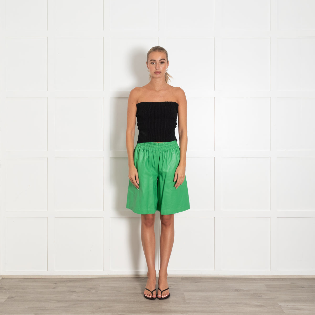By Yoox Green High Waisted Leather Shorts
