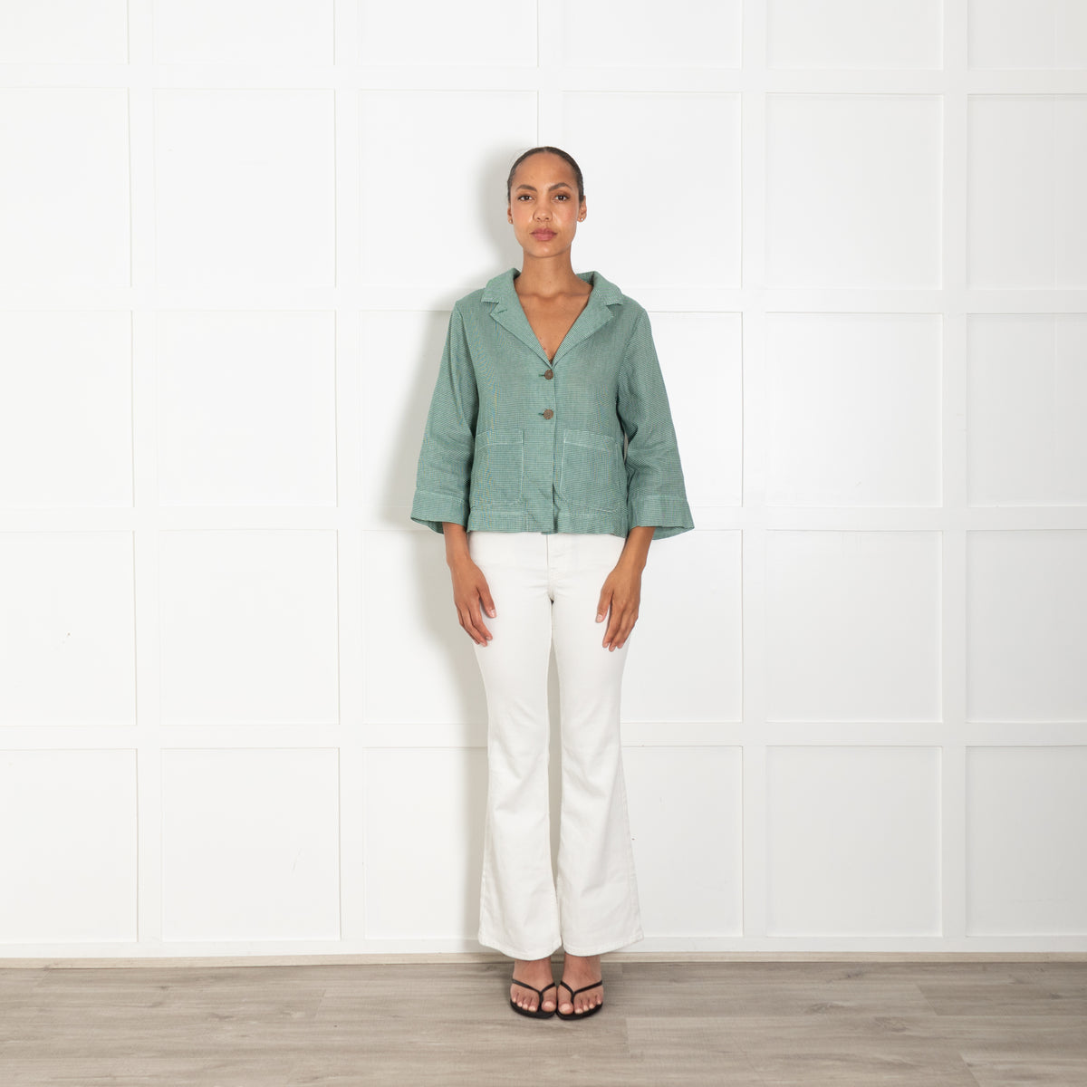 TreBarraBi Green Gingham Linen Button Up Jacket
