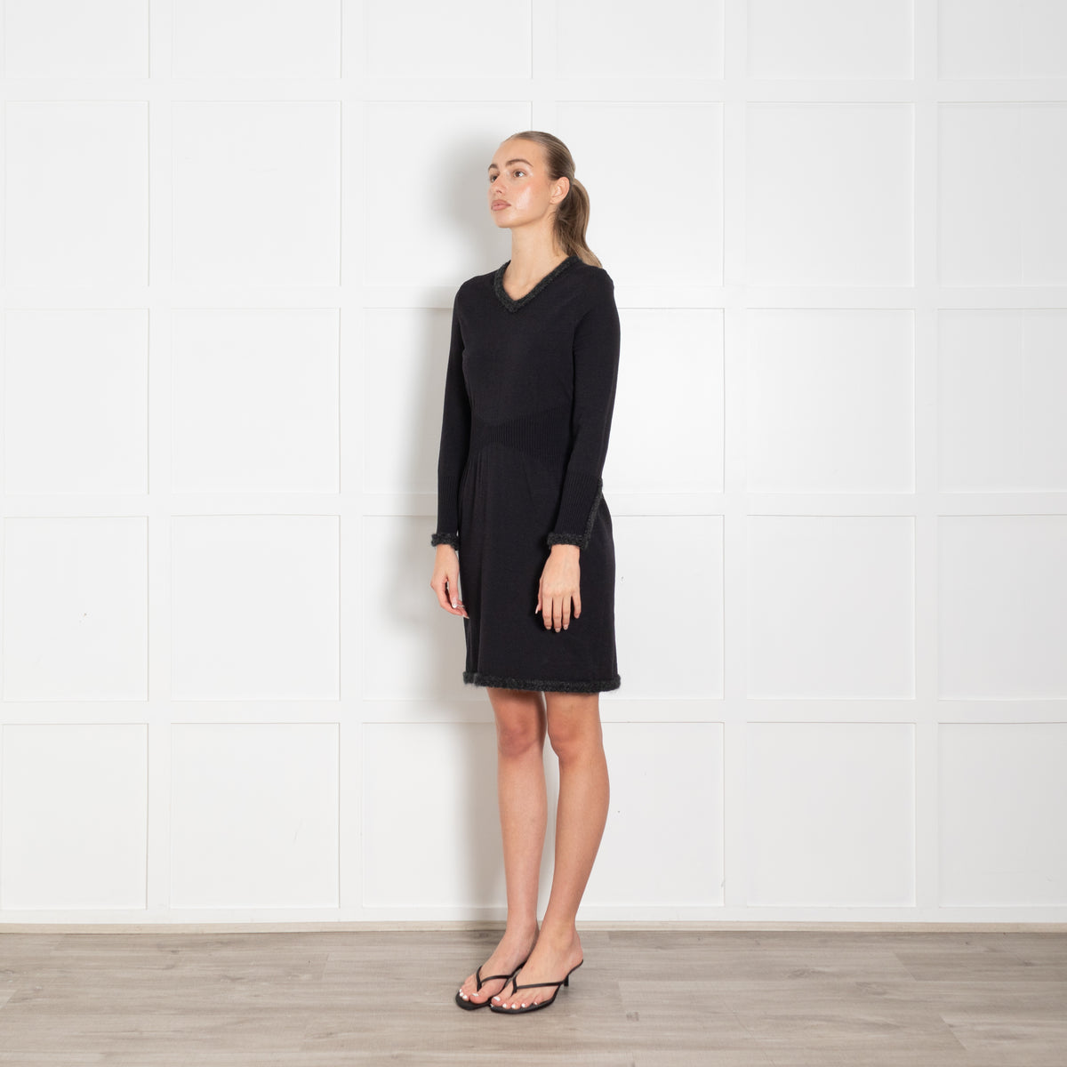 Chanel Black Wool Blend Grey Knit Trim Long Sleeve Dress