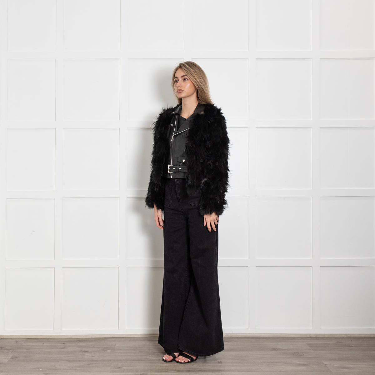 Toga Pulla Black Leather and Fur Biker Jacket