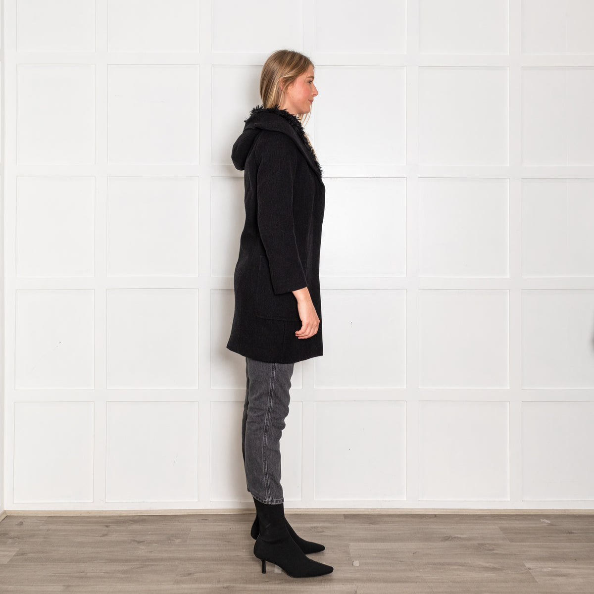 Prada Dark Grey Wool Faux Fur Trim Hooded Coat