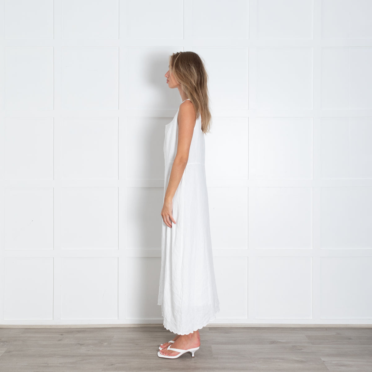 Riani White Linen Square Neck Maxi Dress With Scalloped Hem