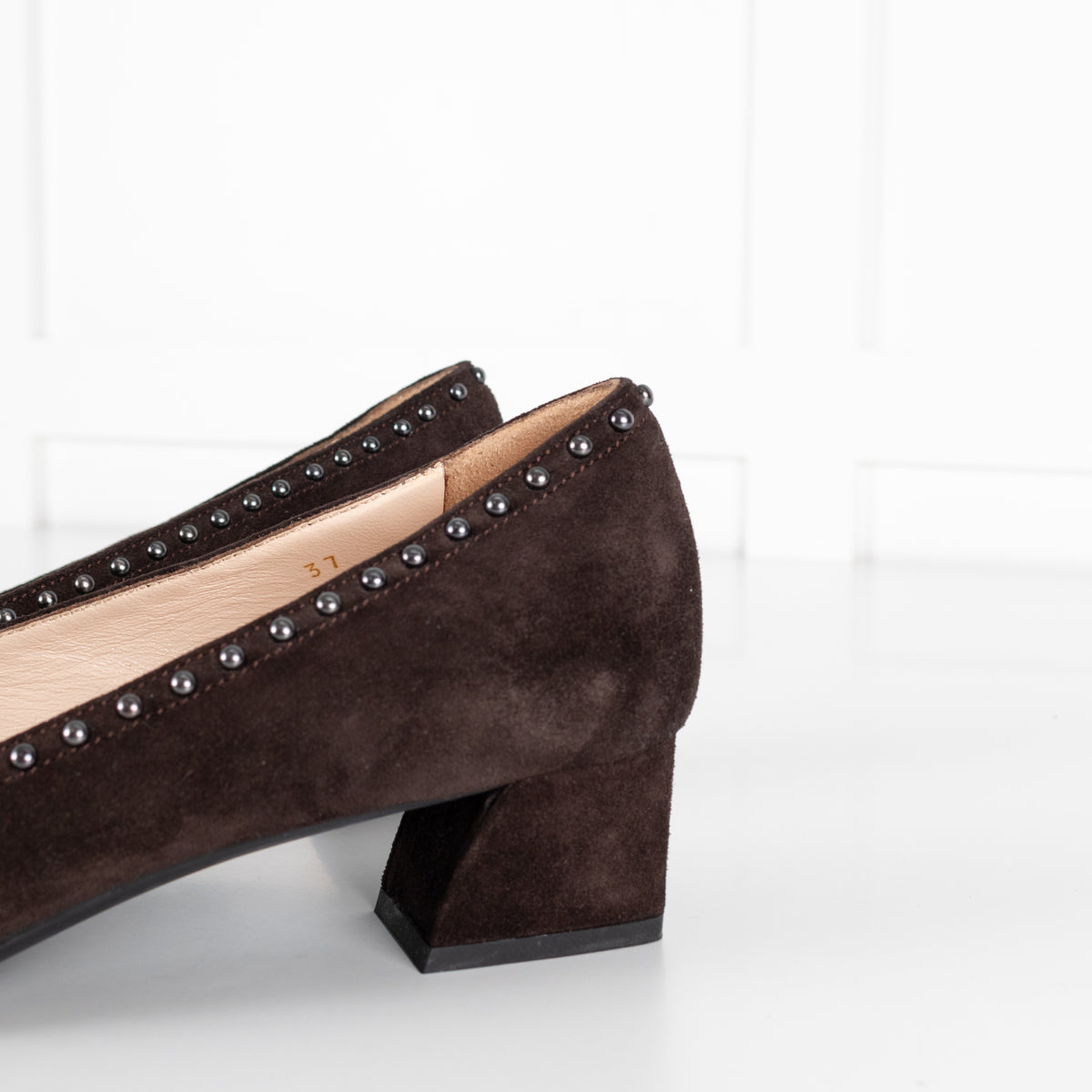 Prada Brown Suede Low Heel Pump With Silver Studs
