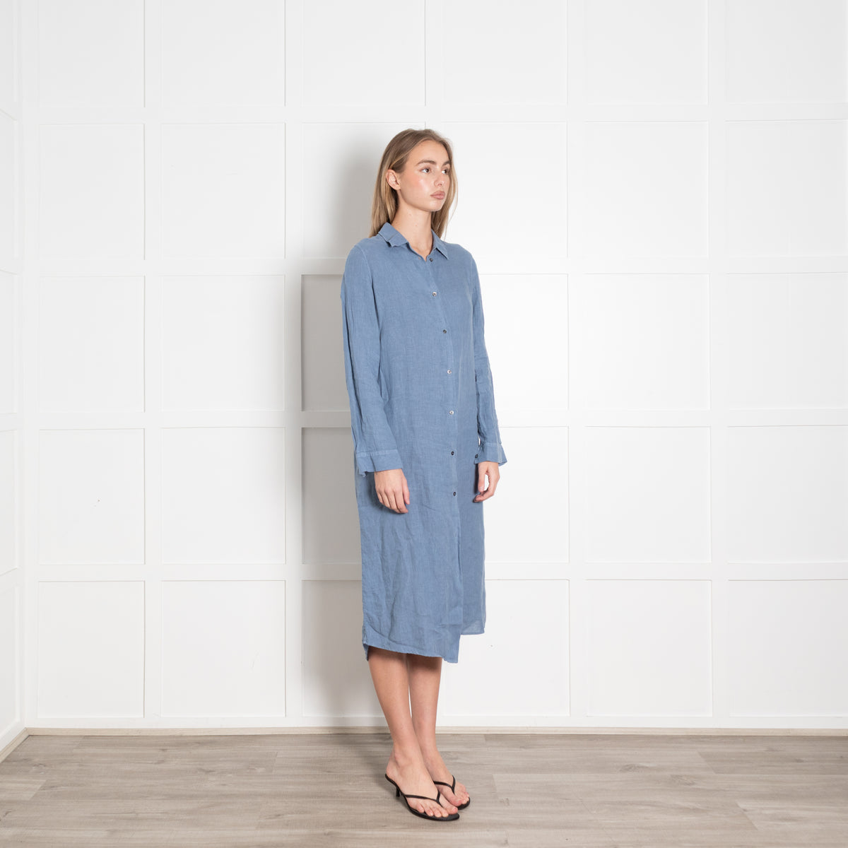 Le Sirenuse Blue Linen Midi Shirt Dress