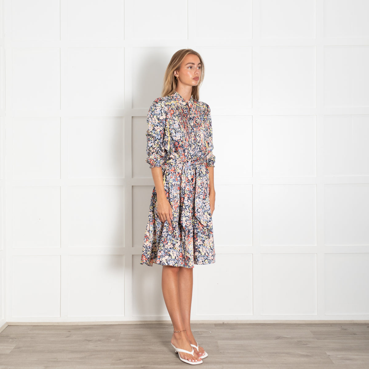 Me + Em Multicolour Blue Pink Yellow And Red Floral Zip Front Dress With Tie Belt