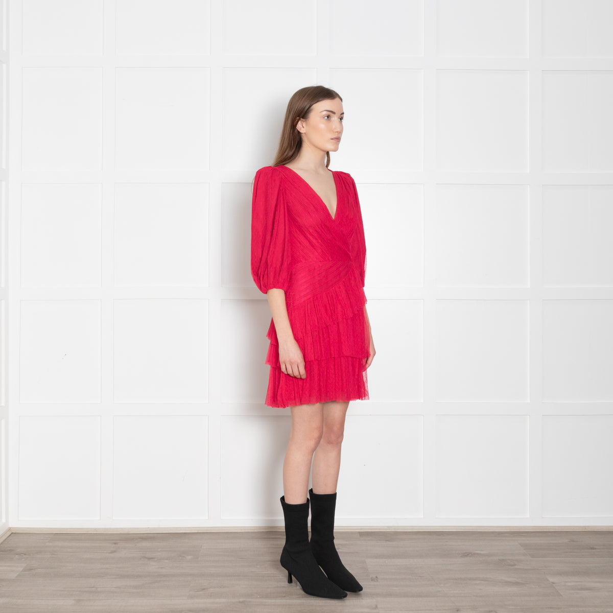 ML Monique Lhuillier Pink Net Ruffled Puff Sleeve Mini Dress