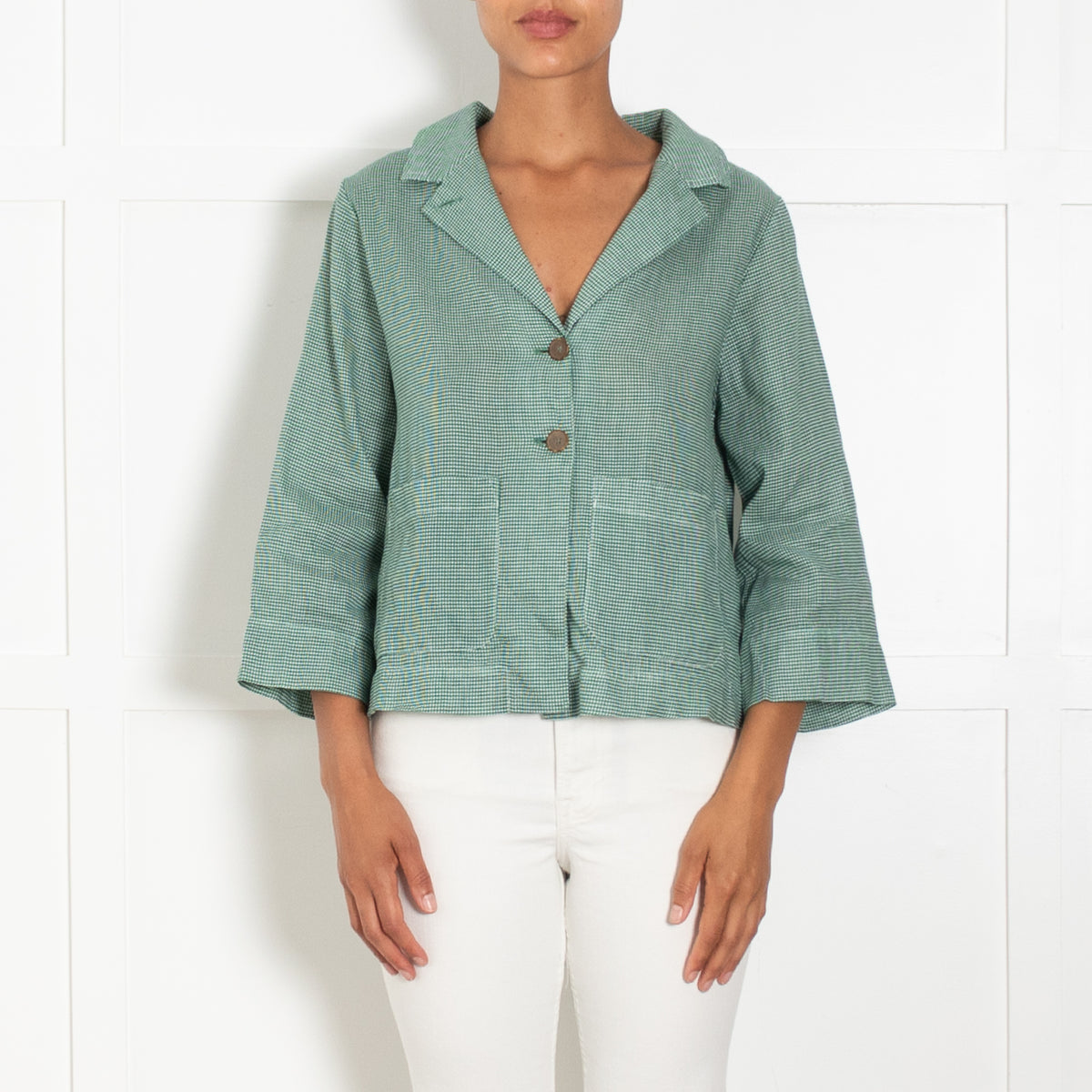 TreBarraBi Green Gingham Linen Button Up Jacket
