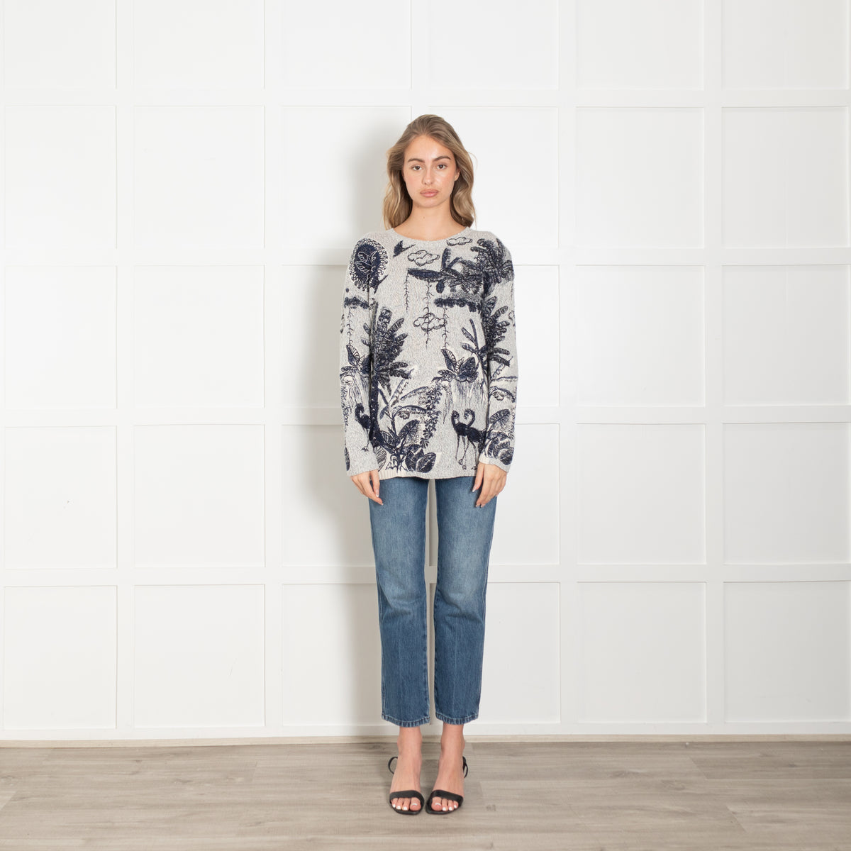 Christian Dior Grey & Blue Cashmere Mix 'Flora & Fauna' Embroidered Jumper