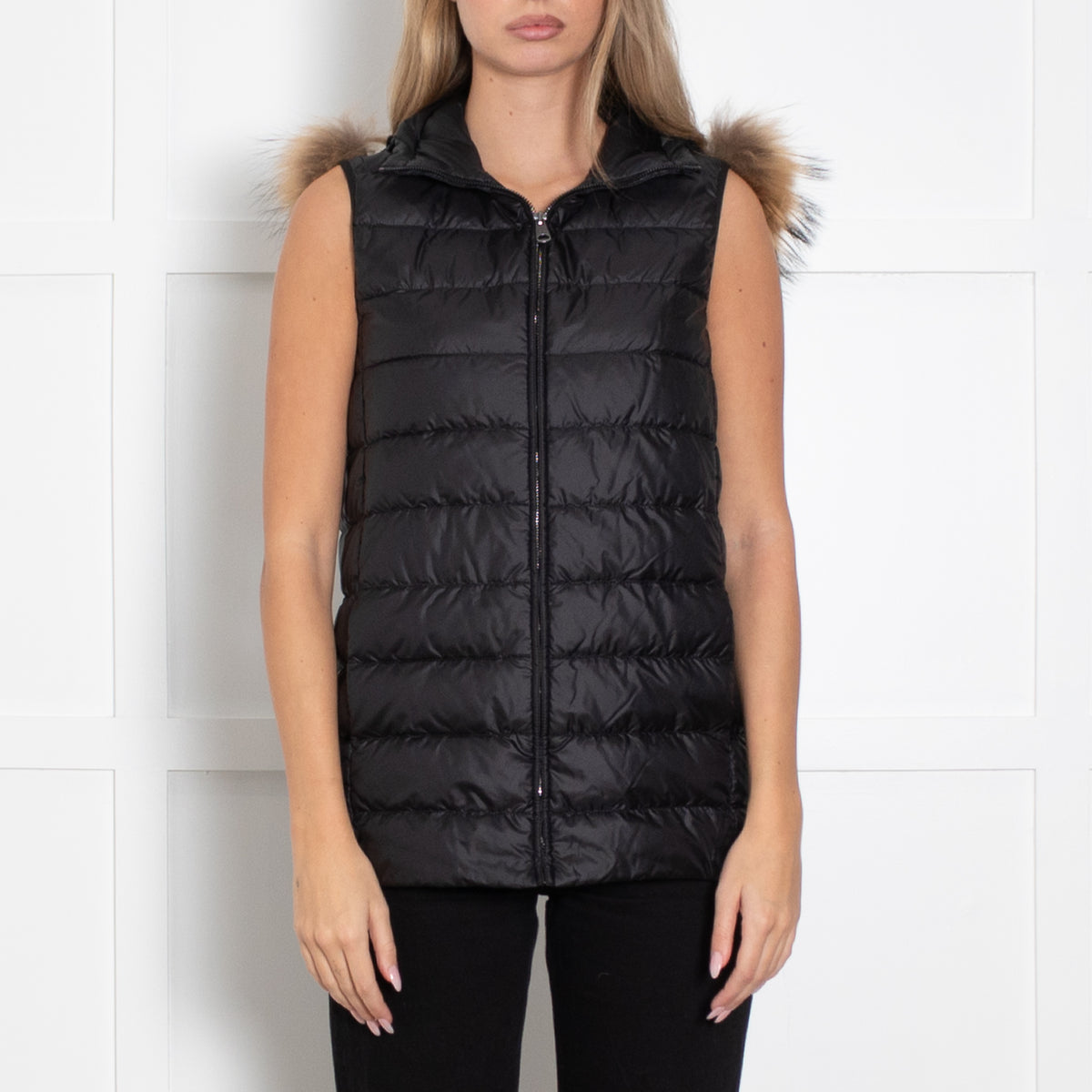 Weekend Max Mara Black Light Weight Fur Trim Hooded Gilet