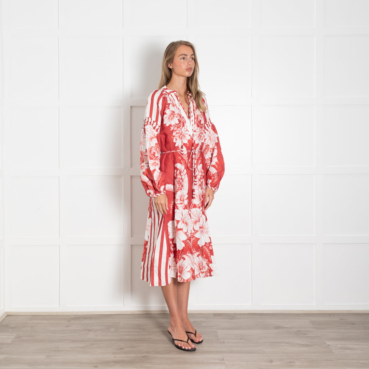 Farm Rio Red White Floral Linen Belted Midi Dress
