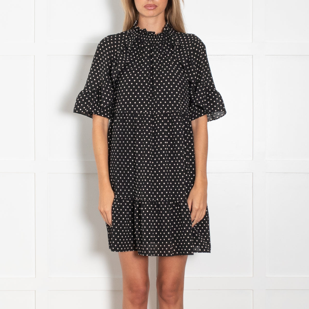 Sezane Black White Polka Dot Textured Fabric Mini Dress