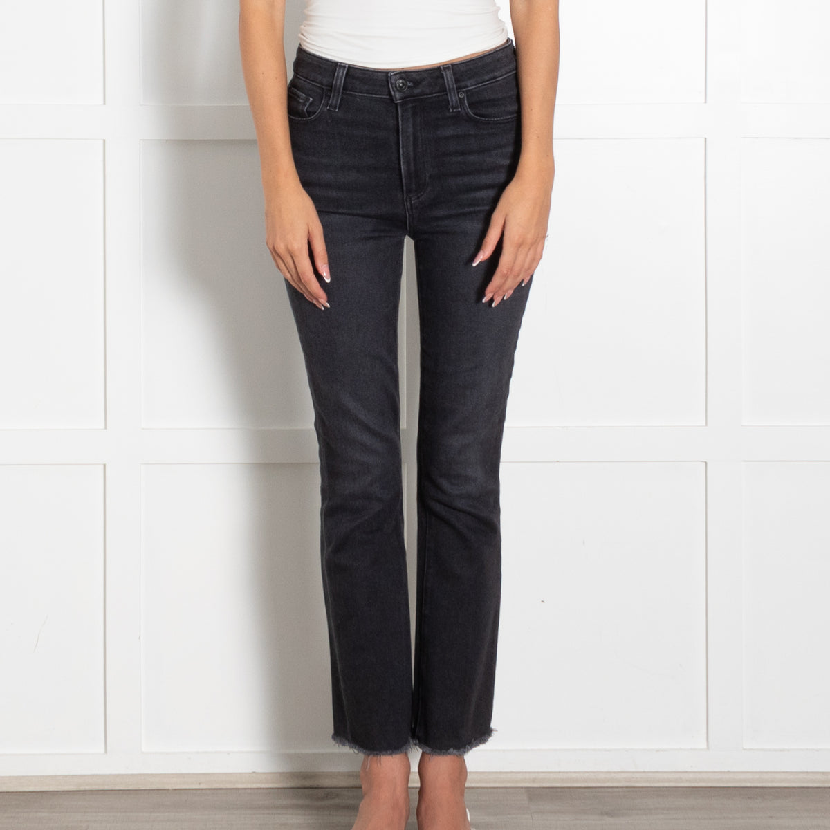 Paige Black Faded Fray Hem Boot Cut Jeans