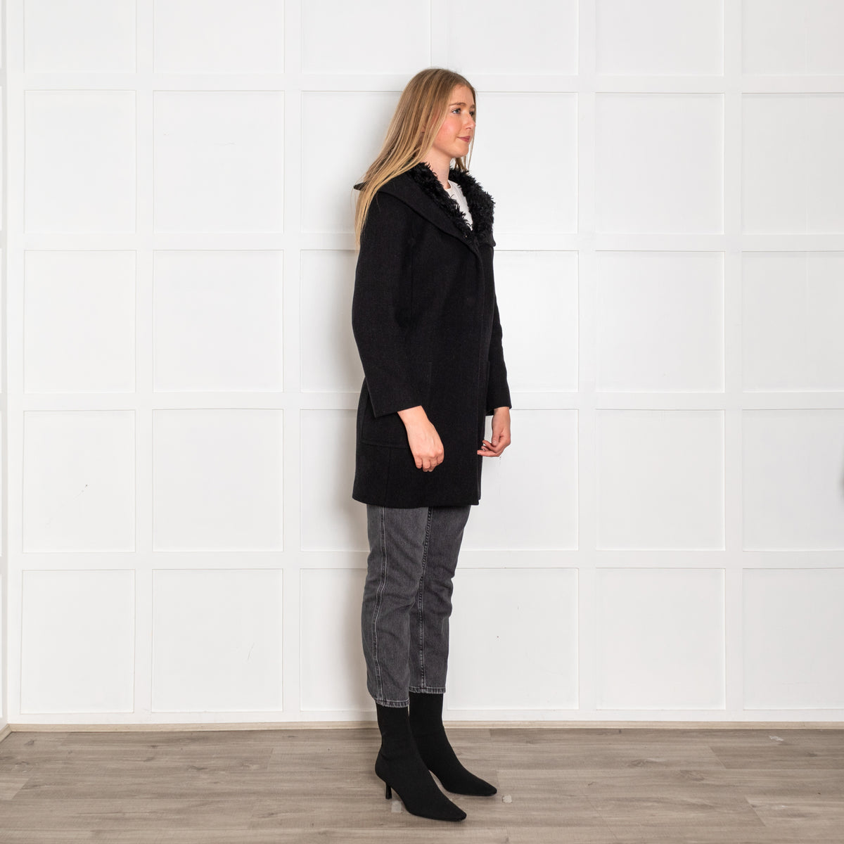 Prada Dark Grey Wool Faux Fur Trim Hooded Coat