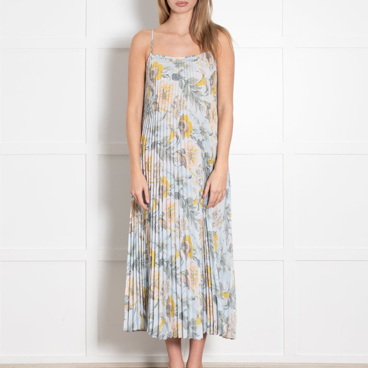 Vince Pale Blue and Green Floral Print Pleated Strappy Dress