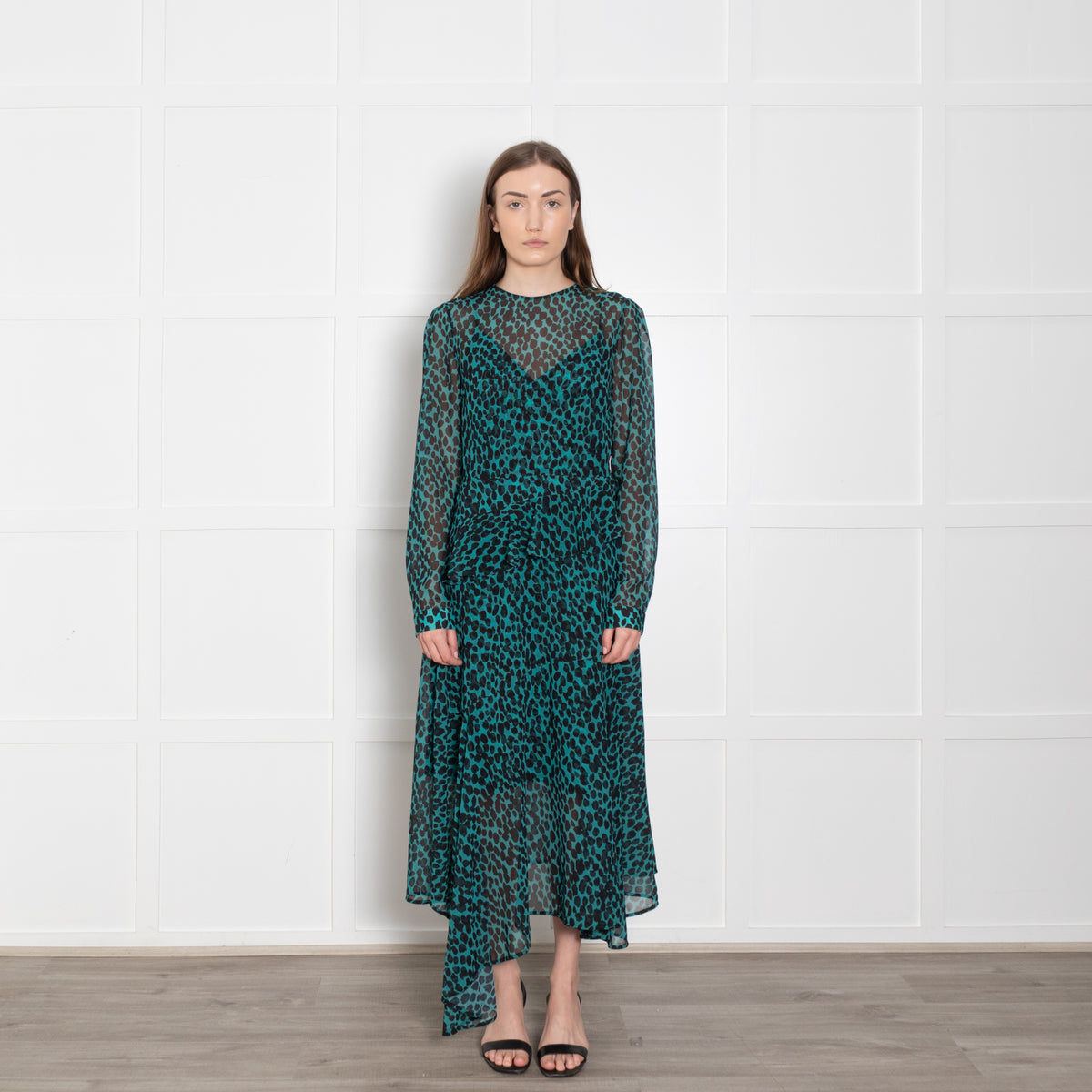 Markus Lupfer Teal Black Animal Print Long Sleeve Dress With Slip