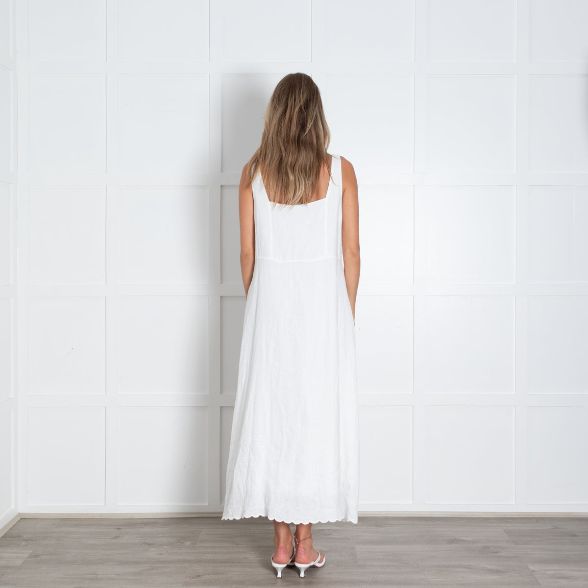 Riani White Linen Square Neck Maxi Dress With Scalloped Hem