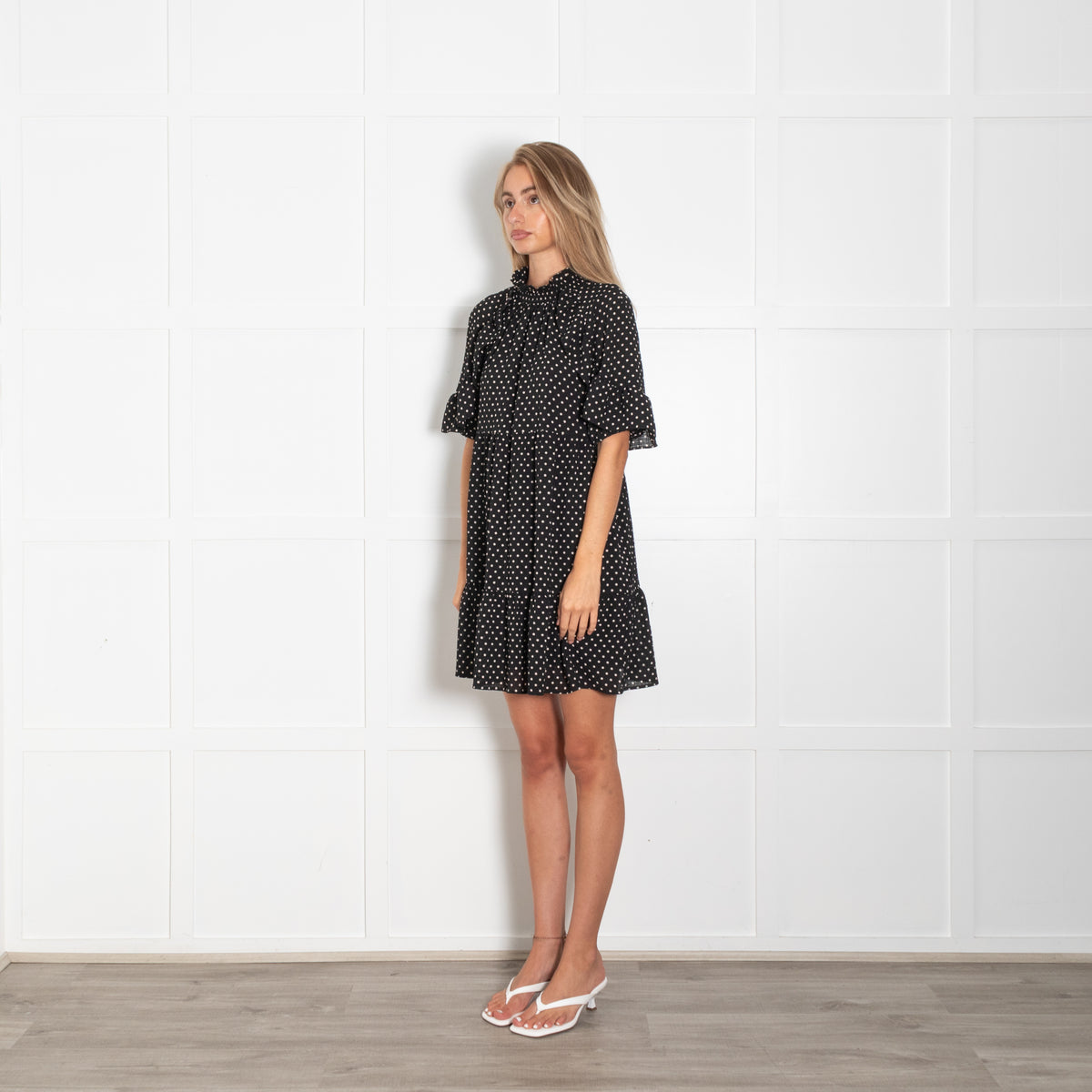 Sezane Black White Polka Dot Textured Fabric Mini Dress
