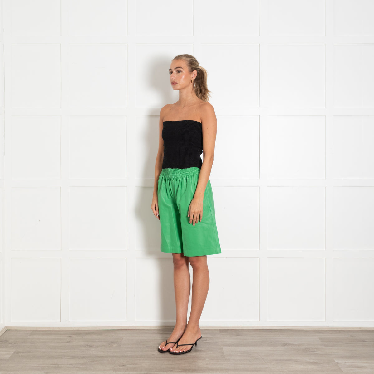 By Yoox Green High Waisted Leather Shorts