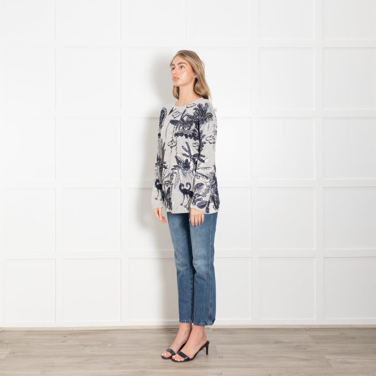 Christian Dior Grey & Blue Cashmere Mix 'Flora & Fauna' Embroidered Jumper