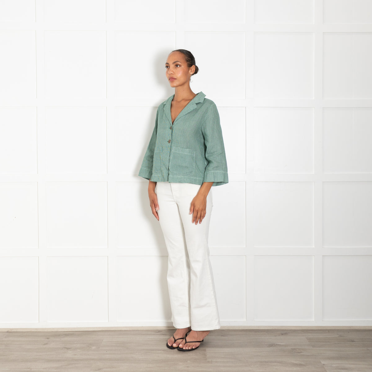 TreBarraBi Green Gingham Linen Button Up Jacket
