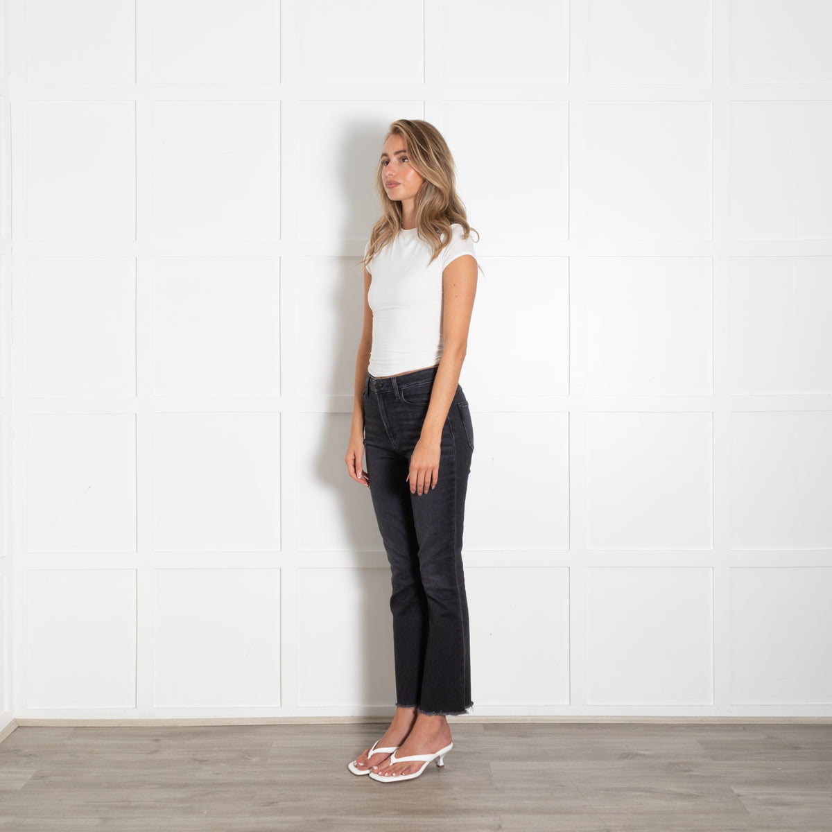 Paige Black Faded Fray Hem Boot Cut Jeans