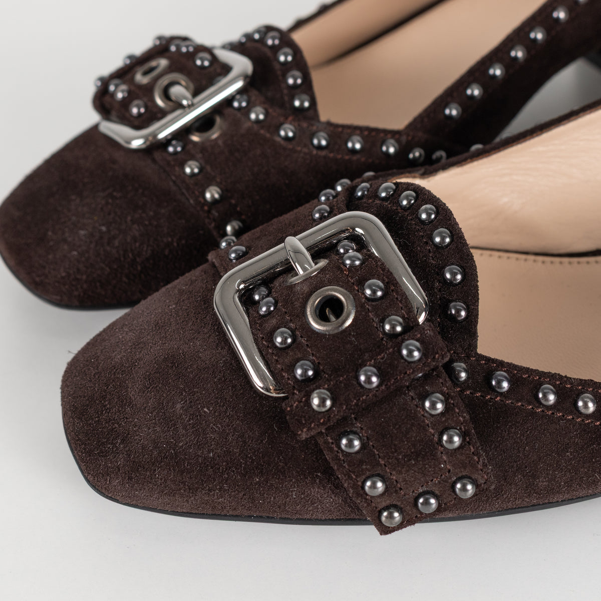 Prada Brown Suede Low Heel Pump With Silver Studs