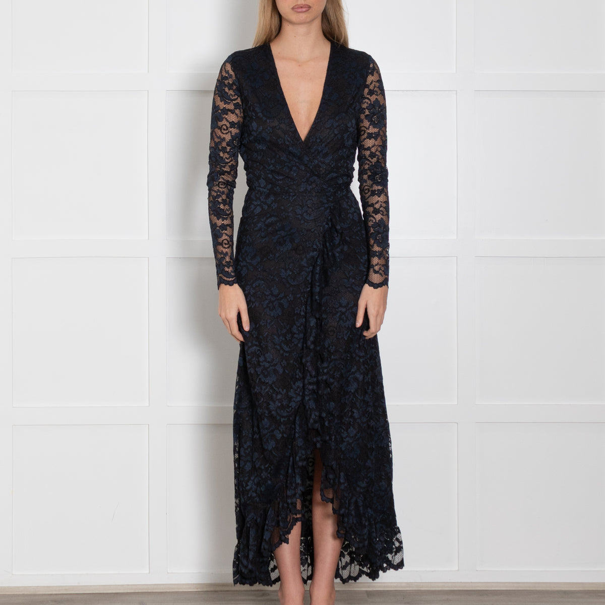 Ganni Black Navy Blue Lace Maxi Wrap Dress